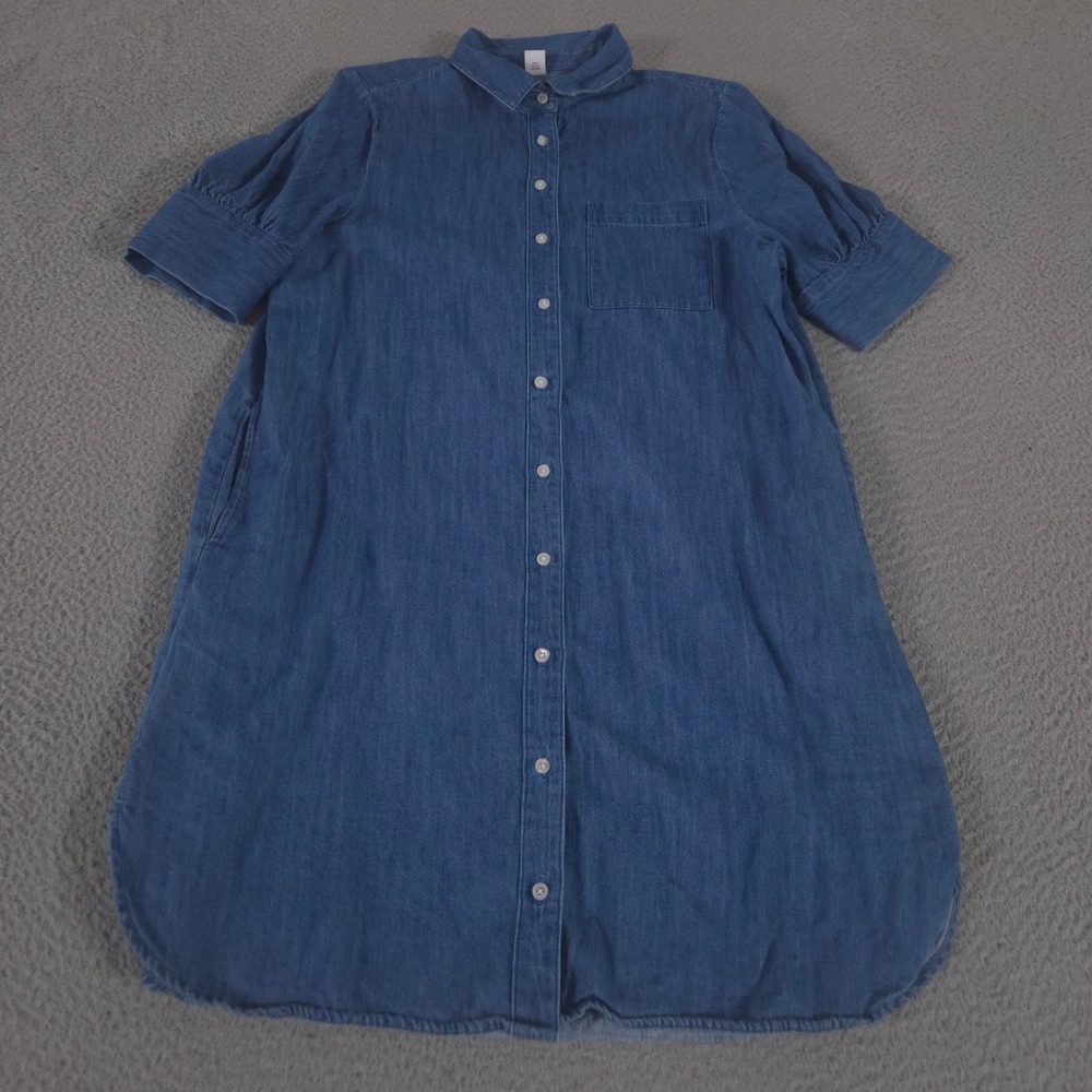 Old Navy Dress Womens S Blue Woven Shirt Medium Wash Denim Puff Sleeve Pocket